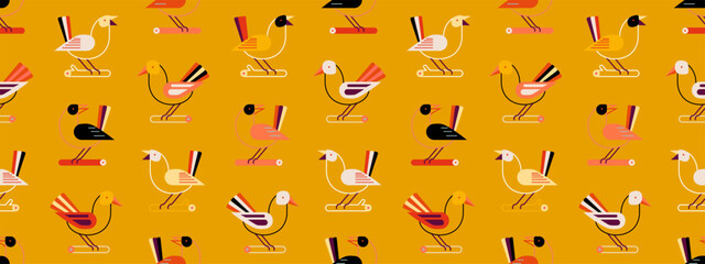Seamless pattern with cute birds sitting on branches. Hand drawn autumn background with leaves, branches. Retro pattern with geometric birds, vector illustration