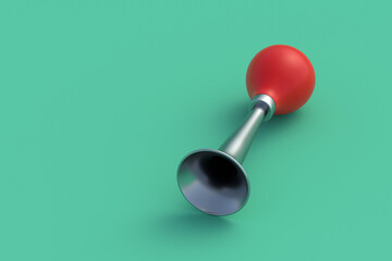Retro signal air horn for bicycle on green background. Klaxon for transport. Vintage hooter for bike. Old car honk. Copy space. 3d render