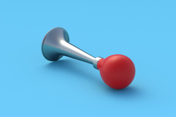 Retro signal air horn for bicycle on blue background. Klaxon for transport. Vintage hooter for bike. Old car honk. 3d render