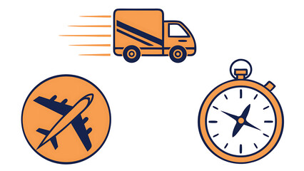 Fast delivery service icons set truck, airplane, and stopwatch for shipping and logistics concept