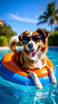 Cool dog enjoys summer day relaxing in swimming pool floating on inflatable ring. Wearing sunglasses, enjoying sunny outdoors.