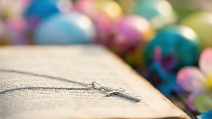 Colorful Easter eggs holiday celebration with bible, cross, family, decoration, holiday, egg, background, easter, spring