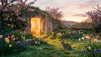 A wide-angle landscape photograph at dawn, holiday celebration with family, decoration, egg, easter, spring, holiday, background