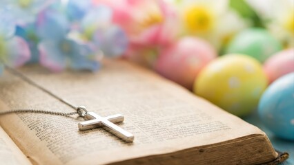 Colorful Easter eggs holiday celebration with bible, cross, family, decoration, holiday, egg, background, easter, spring