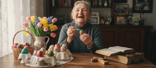 Grandmother painting colorful Easter eggs holiday celebration with egg, easter, decoration, background, spring, family, holiday