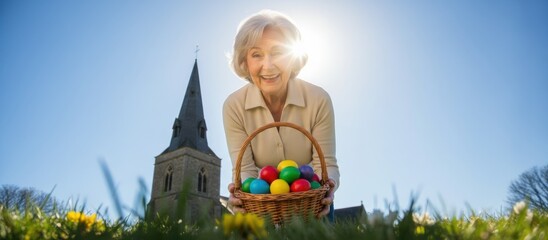 A grandmother giving colorful Easter eggs to a child holiday celebration with egg, easter, spring, family, background, holiday, decoration