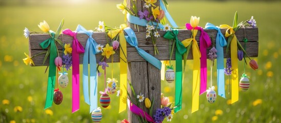 A wooden decorated cross colorful Easter eggs holiday celebration with egg, background, holiday, decoration, easter, spring, family