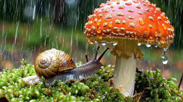 Snail crawling on moss near vibrant mushroom in heavy rain
