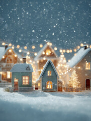 Fototapeta premium Quaint miniature village set in a snowy winter scene with glowing festive lights creating a warm and cozy holiday atmosphere during nighttime snowfall