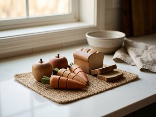 Wooden toy food including apples carrots and bread on kitchen counter