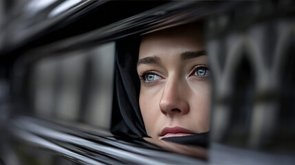 Reflection of Grief: Woman's Face Mirrored in Hearse Window After Funeral