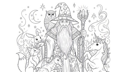 Fantasy illustration of a wizard with animals and magical elements