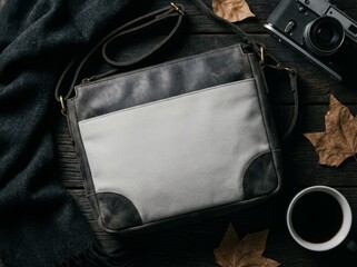 Worn leather and canvas messenger bag on dark wood surface