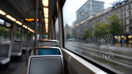 : Rainy Tram Window: A Single Droplet Tracing a Path on the Glass