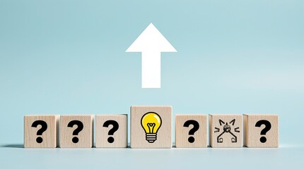 Conceptual studio scene: Row of small wooden cubes, display a bold black question mark symbol, one central cube features a glowing yellow light bulb icon, symbolizing an idea or solution.