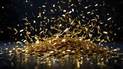 Shimmering golden confetti streams down in a vibrant cascade, accumulating into a radiant heap, perfectly capturing the essence of festivity and success