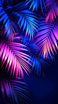 Lush tropical palm fronds bathed in vivid neon lights of pink and blue against dark background, creating a bold and vibrant aesthetic.