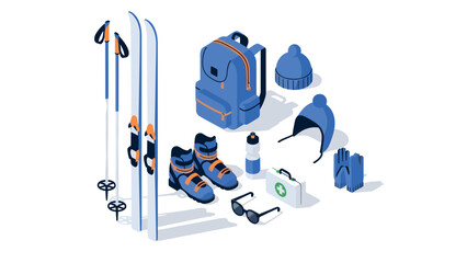 Winter sports gear isometric set: ski, backpack, safety kit, and more