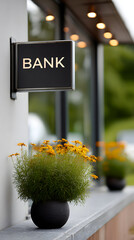 Modern Bank Building Exterior with Minimalist Signage and Yellow Flowers