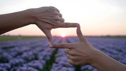Two hands forming a frame around a sunset in a field of purple flowers