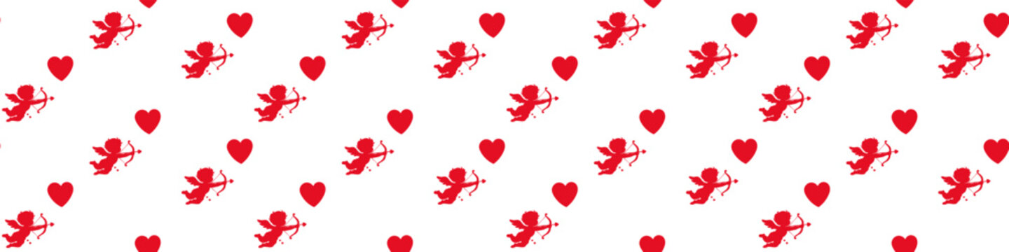Seamless pattern with red cupid silhouettes and hearts on transparent background. Romantic valentine love decorative repeat design