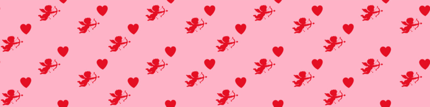 Seamless pattern with red cupid silhouettes and hearts on pink background romantic valentine love decorative repeat design