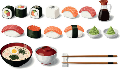Japanese sushi food vector set with nigiri, maki rolls, soy sauce, chopsticks and traditional Asian cuisine elements in flat illustration style isolated on white background © MdNazmul