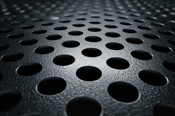 Industrial Dark Perforated Metal Texture with Reflective Circular Holes and Gritty Surface.