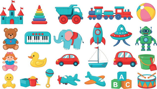 Kids toys vector set with colorful children playthings including cars, robot, rocket, train, animals and educational toys in flat cartoon illustration style isolated on white background