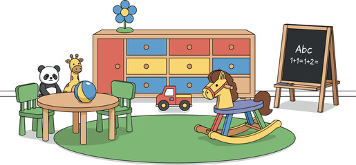 Kindergarten classroom interior vector illustration with toys, furniture, blackboard and playful learning environment for preschool education in flat cartoon style isolated on white background © MdNazmul