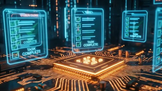 Digital tasks completed and system optimized for peak performance on a glowing circuit board