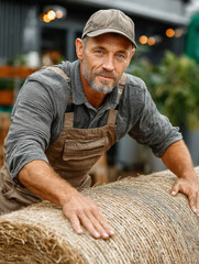 Experienced farmer with weathered hands gently touching a large bale of hay