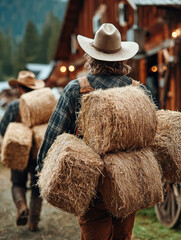 Cowboys carrying hay bales on their backs near a rustic barn in the countryside