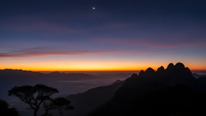 Obraz premium Twilight mountain landscape with crescent moon misty valley and vibrant gradient sky at sunrise without punctuation