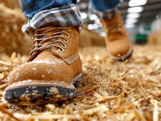 Close-up of worker's boots walking through wood shavings in a workshop