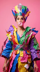 Funny young woman wearing creative colorful paper costume blowing pink bubble gum on bright party background