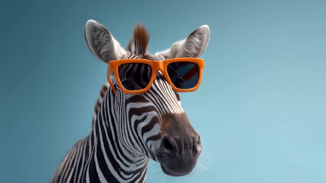 Funny zebra portrait wearing bright orange sunglasses and moving its head from side to side against a solid turquoise background, a whimsical concept of fashion and animal humor