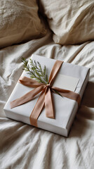 Elegant Gift Box Wrapped in White Paper with Ribbon and Evergreen Branch on Bed