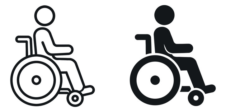 Line art and silhouette icon set featuring a person in a wheelchair for accessibility and medical information