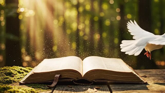 Dove Flying Over Open Book in Forest with Sunlight.