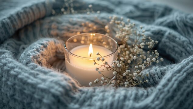 Burning candle with white flowers in a blue knitted sweater creates a cozy atmosphere