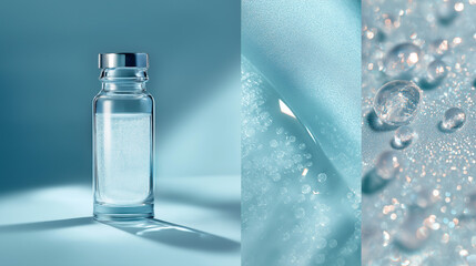 Professional dermatology skincare visual featuring a clear serum vial and macro shots of hydrating hydro-gel textures in a clean, clinical blue tone