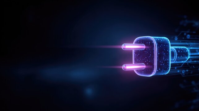 Futuristic glowing power plug symbol with motion lines on dark background, concept of electricity, charging and energy connection