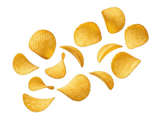 Fototapeta premium A scattering of golden wavy potato chips arranged in a dynamic composition on transparent background