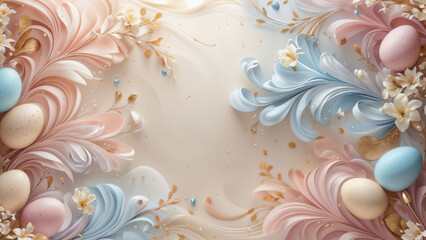 Elegant Easter holiday flat lay with pastel pink, blue, and yellow eggs, flowers, and ribbons