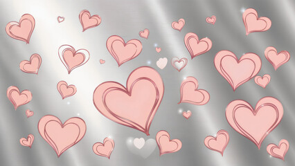 Romantic Pink Hearts with Rose Gold Trim on a Brushed Silver Metallic Background