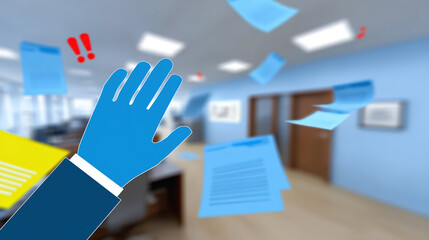 Scattered digital files representing data breach in office