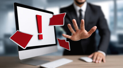 Privacy leak alert with error icons on screen in corporate workspace