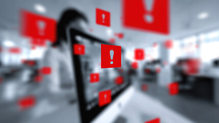 Data breach concept with scattered red files in corporate office