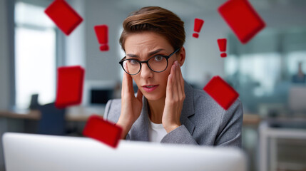 Professional at desk with red scattered files indicating privacy breach